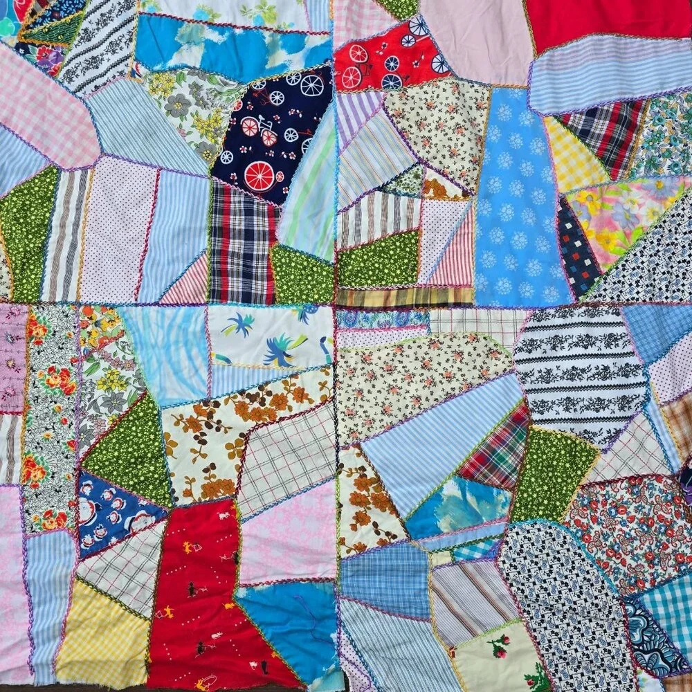 Vintage Crazy Quilt Top 1940s 50s Feedsack Patchwork Hand Embroidery 66x85